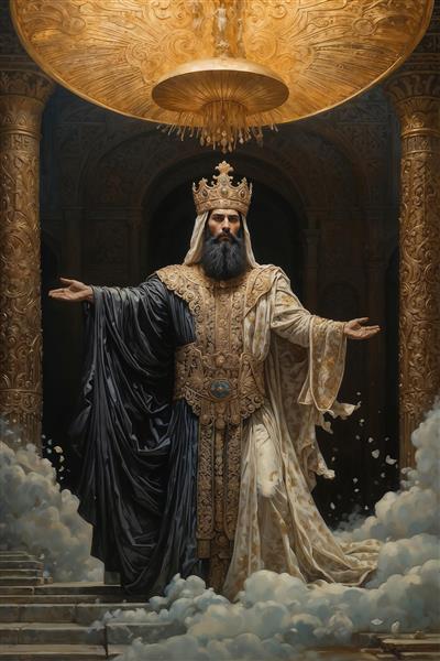 طرح لایه باز پادشاه اساطیری در میان ابرها ویژه پوستر دیواری پشت تلویزیون و لابی هتل، تابلو دکوراتیو با تم جلال و شکوه باستانی