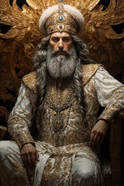 پوستر دیواری لوکس طرح پادشاه هخامنشی با تاج و تخت زرین مناسب دکوراسیون اتاق مدیریت و تالارهای مجلل، چاپ روی تابلو بوم و پوستر سه بعدی