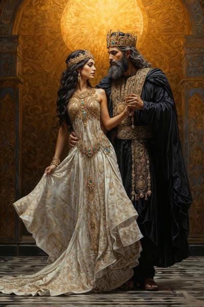 تصویر دراماتیک همراهی پادشاه و بانو با نورپردازی گرم برای چاپ روی پرده، کوسن و پوسترهای دیواری بزرگ در سالن‌های انتظار و نشیمن