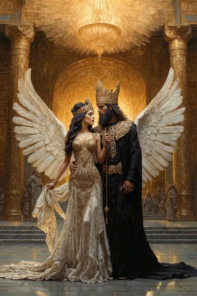 پوستر سه بعدی فرشتگان سلطنتی (پادشاه و ملکه بالدار) در عمارت باستانی مناسب برای دکوراسیون تالار عروسی، آتلیه‌های عکاسی و اتاق خواب
