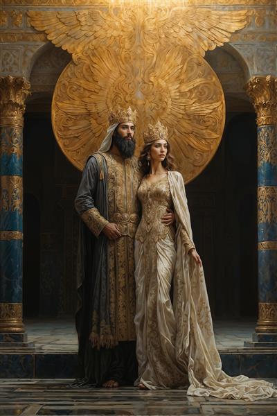 طرح گرافیکی پادشاه و ملکه با نماد بال‌های زرین فروهر برای پوستر دیواری اماکن گردشگری، رستوران‌های سنتی و تزئین دیوار ویلاهای لوکس