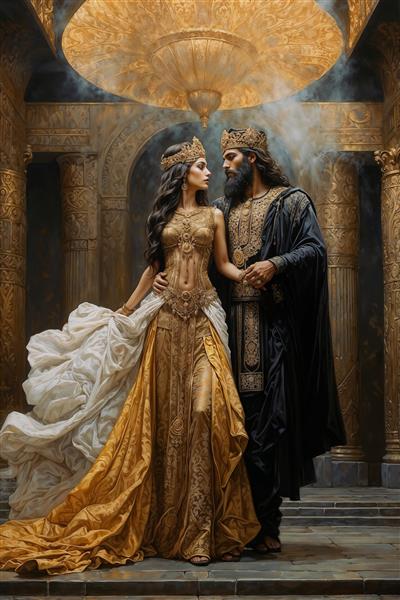 پوستر دیواری لوکس تالار قصر با حضور پادشاه و ملکه تحت لوستر عظیم مناسب برای لابی هتل‌های ۵ ستاره، تالار تشریفات و دفاتر مدیرعامل