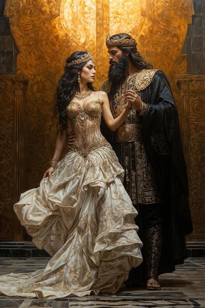 تصویر هنری پادشاه و ملکه با لباس‌های فاخر زردوزی شده مناسب برای چاپ روی بوم نقاشی، کاغذ دیواری پذیرایی و روتختی بزرگسال طرح اسلیمی
