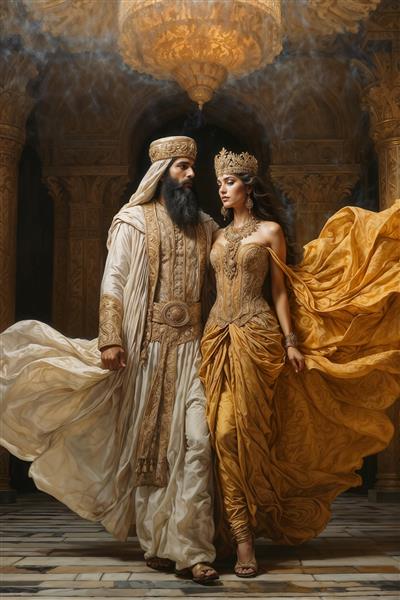 تابلو دکوراتیو و پوستر دیواری زوج سلطنتی با شکوه در قصر باستانی مناسب برای اتاق خواب مستر، تالارهای پذیرایی و پرده تصویری مجلل