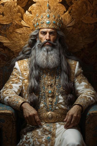 تصویر پادشاه کهن ایرانی با ریش بلند و تاج جواهرنشان شکوه هخامنشی مناسب برای پوستر دیواری اتاق مدیریت و تابلو دکوراتیو لوکس در لابی هتل