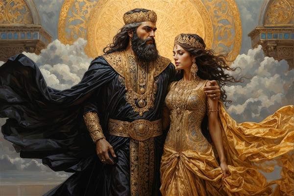 پوستر دیواری طرح نقاشی پادشاه و بانو در پس‌زمینه آسمان و نمادهای باستانی برای دکوراسیون ویلا و تالارهای پذیرایی