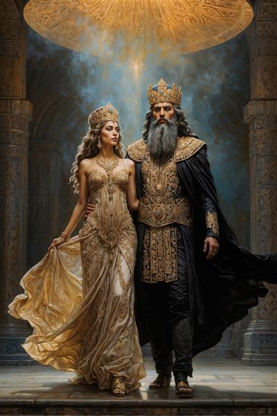 طرح پوستر دیواری اساطیری پادشاه و ملکه با پوشش مشکی و طلایی زیر گنبد نورانی مناسب دیوار پشت میز مدیریت