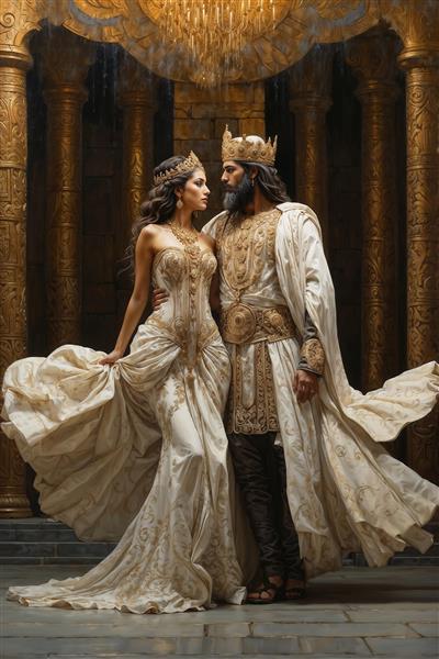 پوستر دیواری پذیرایی طرح پادشاه و ملکه با لباس‌های سفید و طلایی در عمارت باستانی با تم شکوه و عظمت ایرانی