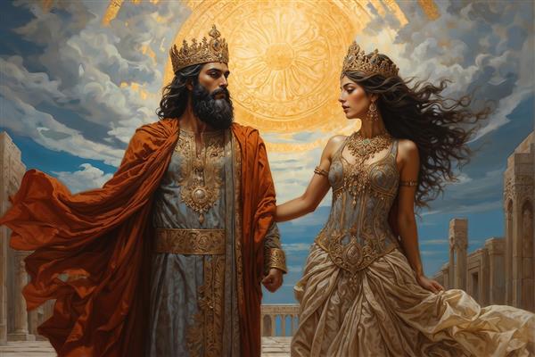 پوستر دیواری هخامنشی طرح پادشاه و ملکه باستانی ایران در فضای باز برای دکوراسیون اداری و لابی هتل با تم تاریخی