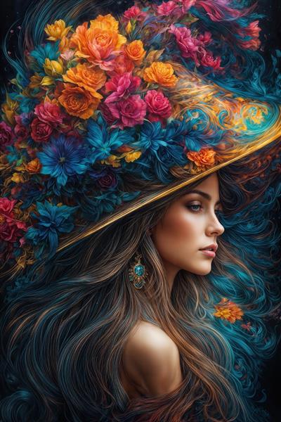پوستر دیواری سه بعدی طرح نیم‌رخ زن با کلاه پر از گل‌های رنگارنگ و گوشواره فیروزه‌ای مناسب اتاق خواب و سالن آرایش