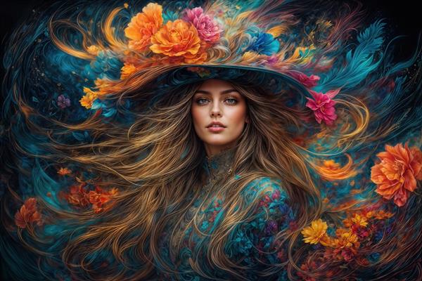 پوستر دیواری هنری چهره زن با کلاهی از گل‌های رز و پس‌زمینه انتزاعی سورئال ویژه سالن‌های زیبایی و نشیمن مدرن