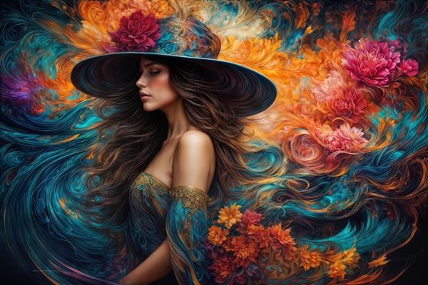 تابلو بوم دکوراتوراتیو طرح زن با کلاه گل‌گلی رنگارنگ و موهای مواج مناسب برای اتاق خواب مستر و مزون‌های لباس زنانه