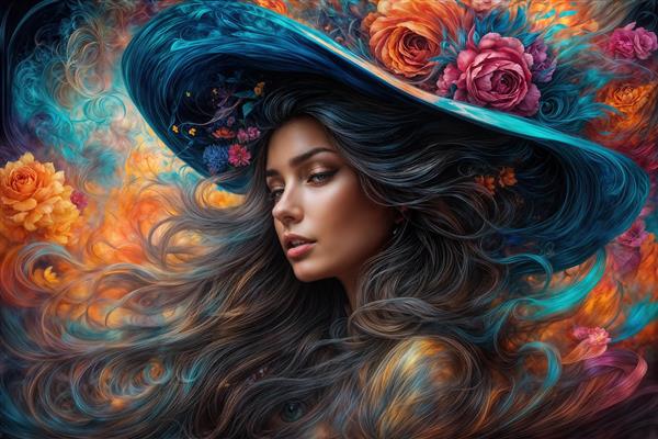 پوستر دیواری افقی چهره زن با کلاه بزرگ و گل‌های زیبا در پس‌زمینه انتزاعی برای دکوراسیون پشت تلویزیون و نشیمن