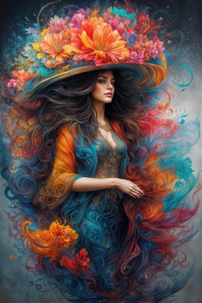 طرح هنری زن با کلاهی از شکوفه‌های بهاری و لباس فانتزی ویژه چاپ روی پرده، روتختی و کاغذ دیواری سه بعدی