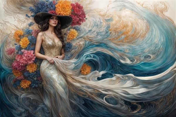 پوستر دیواری قدی زن با لباس شب در میان امواج رنگی و گل‌های درشت مناسب برای اتاق خواب، مزون و ورودی سالن‌ها