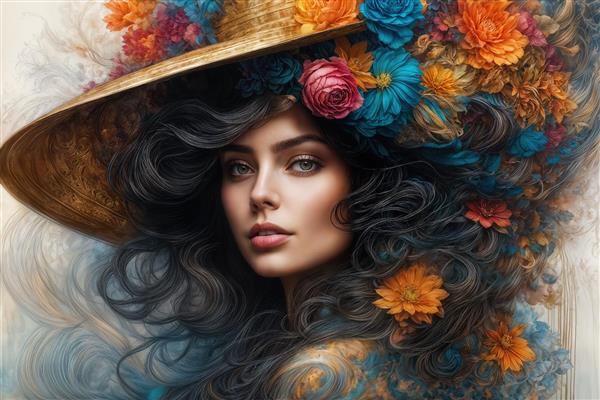 طرح عمودی پوستر دیواری صورت زن با موهای تیره و کلاه حصیری تزیین شده با رزهای رنگی برای کافی‌شاپ و محیط‌های مدرن