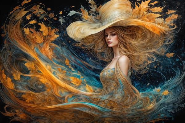 نقاشی دیجیتال زن با کلاه لبه‌دار بزرگ در باد پاییزی و برگ‌های رقصان مناسب برای کاغذ دیواری سالن پذیرایی و دفتر مدیریت