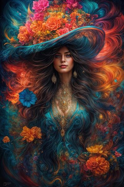 پوستر سه بعدی لوکس چهره زن با جواهرات طلایی و کلاه گل‌گلی برای پشت تختخواب و دیوارهای کانونی در تالار و ویلا