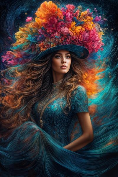 طرح فانتزی و هنری پرتره زن با کلاه بزرگ پوشیده از گل‌های رنگارنگ برای چاپ روی تابلو بوم و پوستر سه بعدی پذیرایی و لابی هتل