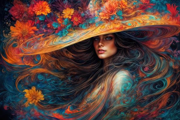 پوستر دیواری با تم فانتزی زن و کلاه بزرگ نارنجی با گل‌های رز برای فضاهای دنج، کتابخانه‌ها و اتاق مطالعه