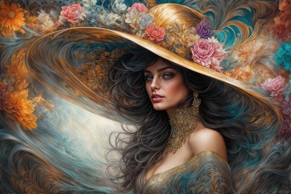 طرح هنری بانو با کلاه گل‌دار و جواهرات درخشان مناسب پوستر دیواری پشت پذیرایی، آرایشگاه‌های برند و گالری‌های هنری