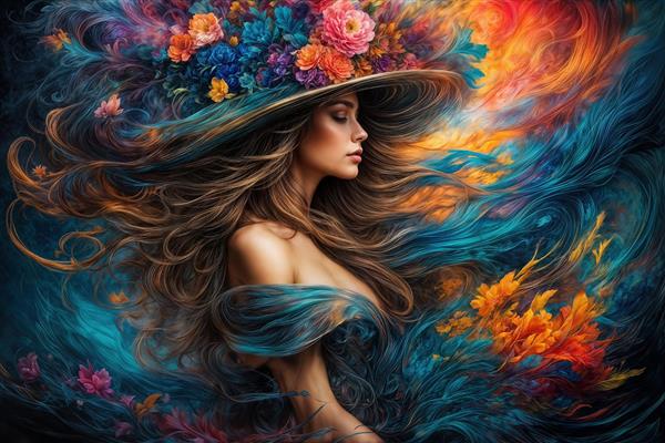 تابلو دکوراتیو و پوستر دیواری زن در میان امواج رنگی انتزاعی برای دکوراسیون داخلی کافه، رستوران و استودیوهای عکاسی