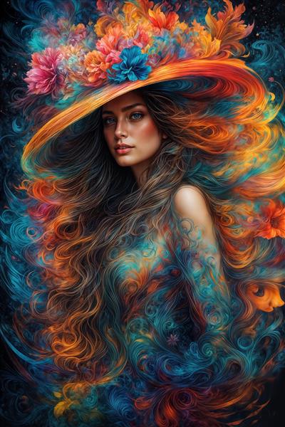 پوستر دیواری مدرن چهره زن با کلاه پر از گل و تم رنگی شاد برای دکوراسیون اتاق خواب مستر، مهدکودک و محیط‌های زنانه