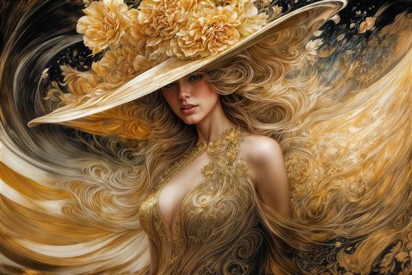 طرح لاکچری زن با کلاه حصیری و لباس توری طلایی ویژه پوستر دیواری پشت تخت، اتاق لباس و سالن‌های آرایش لوکس