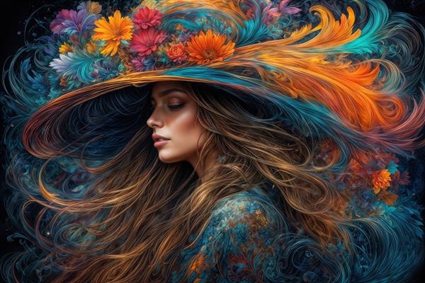 پوستر دیواری رنگارنگ زن با کلاهی از گل‌های پاییزی و تم سورمه‌ای برای نشیمن، کافی‌شاپ و تزئین دیوار راهرو