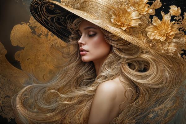تصویر گرافیکی نیم‌رخ زن با موهای طلایی موج‌دار و کلاه تزیینی مناسب چاپ پوستر دیواری مزون و سالن زیبایی
