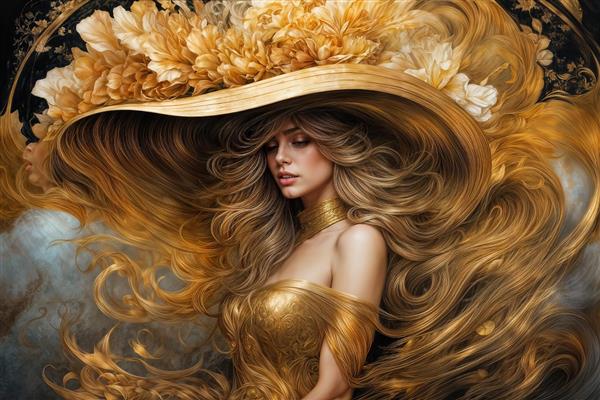 طرح عمودی پوستر سه بعدی زن با لباس طلایی و کلاه بزرگ گل‌دار برای پشت کنسول، لابی هتل و تالارهای تشریفاتی