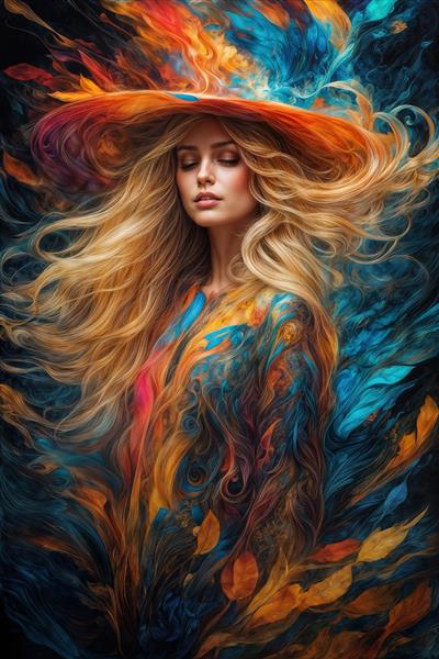 پوستر دیواری فانتزی چهره بانو با کلاه پهن و تم انتزاعی نارنجی و آبی برای دکوراسیون مدرن پذیرایی و اتاق خواب جوان