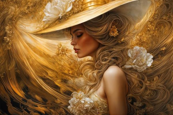 منظره رویایی چهره زن در میان تارهای طلایی و گل‌های سفید ویژه کاغذ دیواری سه بعدی تالار، لابی هتل و دفتر کار