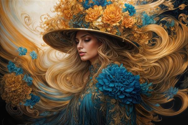 تصویر هنری زن با تم رنگی آبی فیروزه‌ای و نارنجی مناسب پوستر دیواری فانتزی اتاق خواب دخترانه و بوم نقاشی دکوراتیو