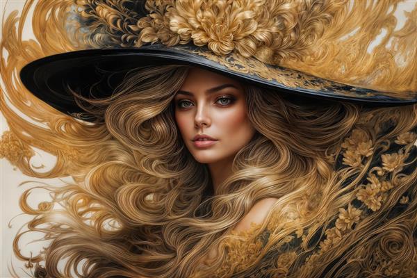 طرح عمودی زن با کلاه لبه‌دار مشکی و گل‌های رز طلایی برای پوستر دیواری راهرو، مزون‌های لباس و چاپ روی شاسی