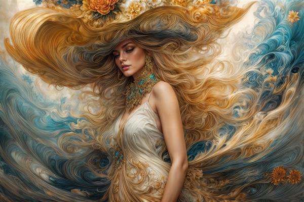 پوستر دیواری طرح نقاشی مدرن زن با لباس مجلل و تم آبی و طلایی برای دکوراسیون دیوار نشیمن، هتل‌ها و لابی مجتمع‌های تجاری