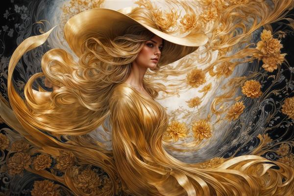 پوستر سه بعدی لاکچری زن با لباس و موهای طلایی درخشان برای دیوار اصلی پذیرایی، سالن اجتماعات و هتل‌های ۵ ستاره