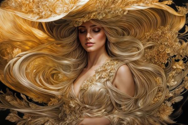 تصویر رویایی زن در میان امواج موهای طلایی ویژه چاپ کاغذ دیواری سه بعدی پذیرایی، سالن ماساژ و روتختی دونفره لوکس