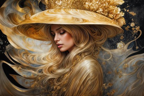 نقاشی دیجیتال بانو با کلاه بزرگ و موهای موج‌دار مناسب برای پوستر دیواری پشت تخت خواب، دفتر کار مدیران و رومیزی تزیینی