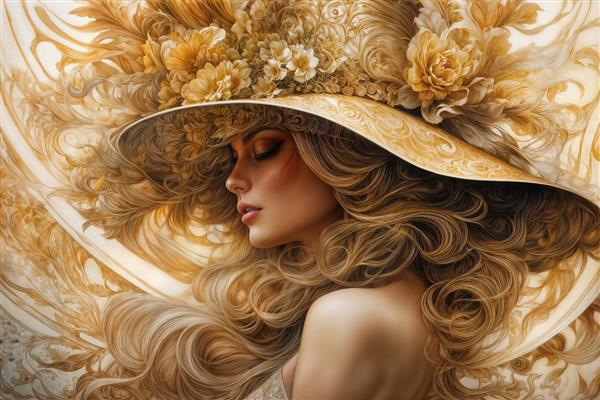 طرح پوستر دیواری سه بعدی نیم‌رخ زن با کلاه حصیری و گل‌های کرم طلایی برای دکوراسیون پذیرایی، تالار پذیرایی و پرده تصویری