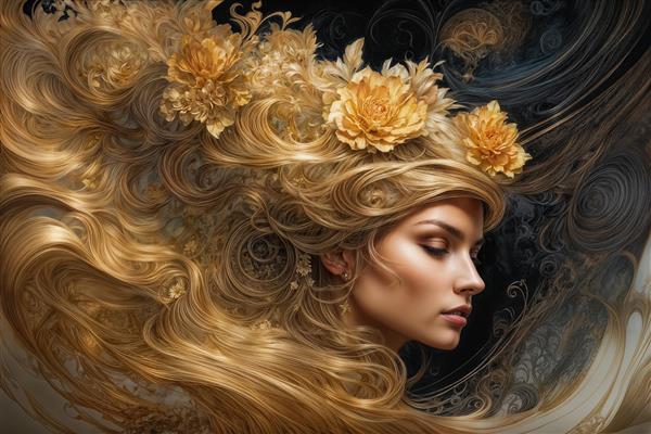 چهره زن با موهای افشان طلایی و گل‌های درخشان مناسب چاپ پوستر دیواری لوکس اتاق خواب و سالن‌های زیبایی مدرن و تابلو دکوراتیو