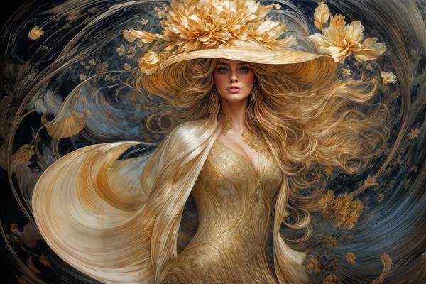 طرح رویایی زن با لباس طلایی و گل‌های معلق در فضا ویژه چاپ روی پرده و پوستر دیواری پذیرایی