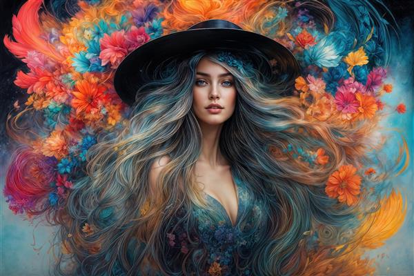 پوستر دیواری شاد و پرانرژی با طرح زن و انفجار گل‌های رنگی مناسب مهد کودک و اتاق بازی کودکان