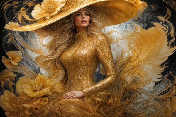 تصویر تمام قد هنری زن با پوشش طلایی و نقوش اسلیمی برای پوستر دیواری و پارتیشن‌های تزیینی