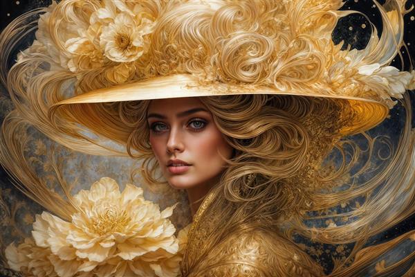 پوستر دیواری سه بعدی زن با کلاه پرزرق و برق و گل‌های کرم برای اتاق خواب و دیوار پشت تلویزیون