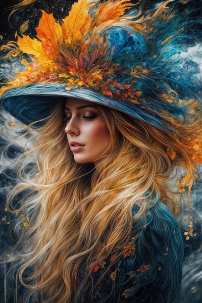 والپیپر هنری زن با کلاهی از برگ‌های پاییزی و تم آبی برای پوستر دیواری اتاق نشیمن و دفتر کار