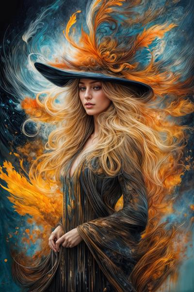 پوستر دیواری عمودی فانتزی زن با موهای آتشین و کلاه سیاه مناسب دکوراسیون آرایشگاه و مزون لباس