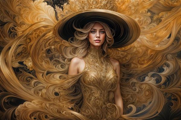 نقاشی دیجیتال زن با لباس طلایی در میان امواج نور و رنگ برای پوستر دیواری پذیرایی و لابی هتل