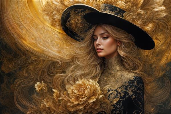 تصویر لوکس زن با لباس دانتل مشکی و طلایی ویژه چاپ پوستر دیواری پشت میز مدیریت و تالار تشریفات