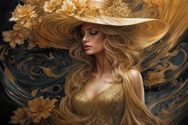 طرح پوستر دیواری مدرن زن با چشمان بسته و کلاه گل‌دار طلایی برای آرامش دکوراسیون اتاق خواب و اسپا